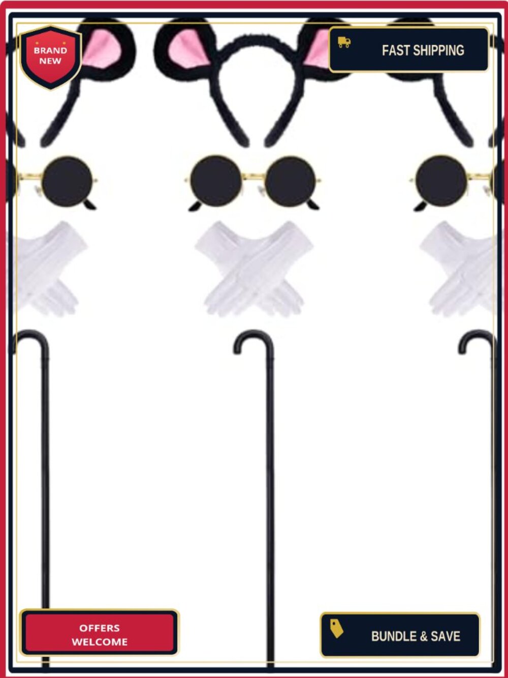 Mouse Costume Accessories Set Plush Ears Headband Cane Gloves Sunglasses
